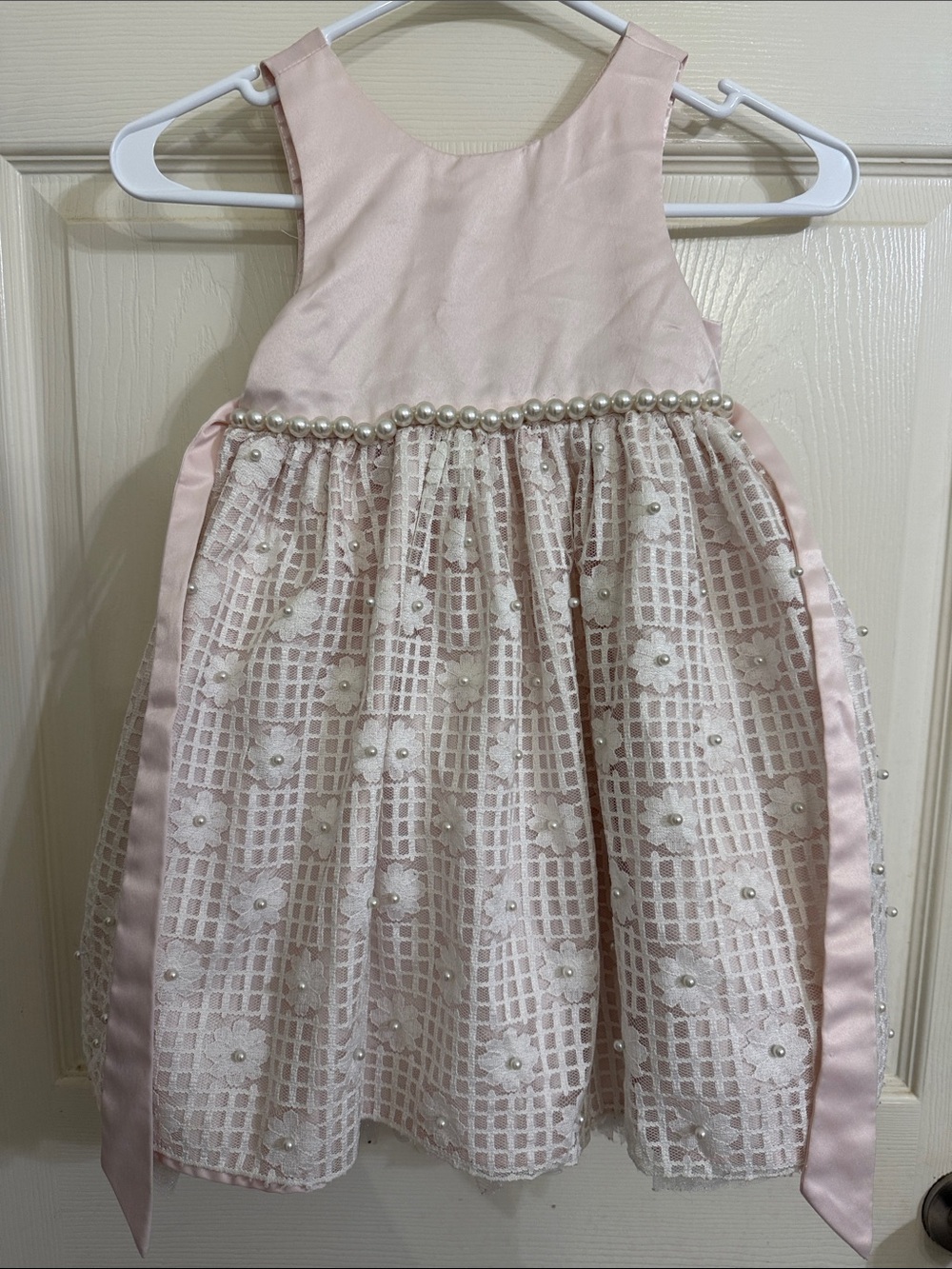 Girls' Pink Pearl-Trim Floral Lace Party Dress
